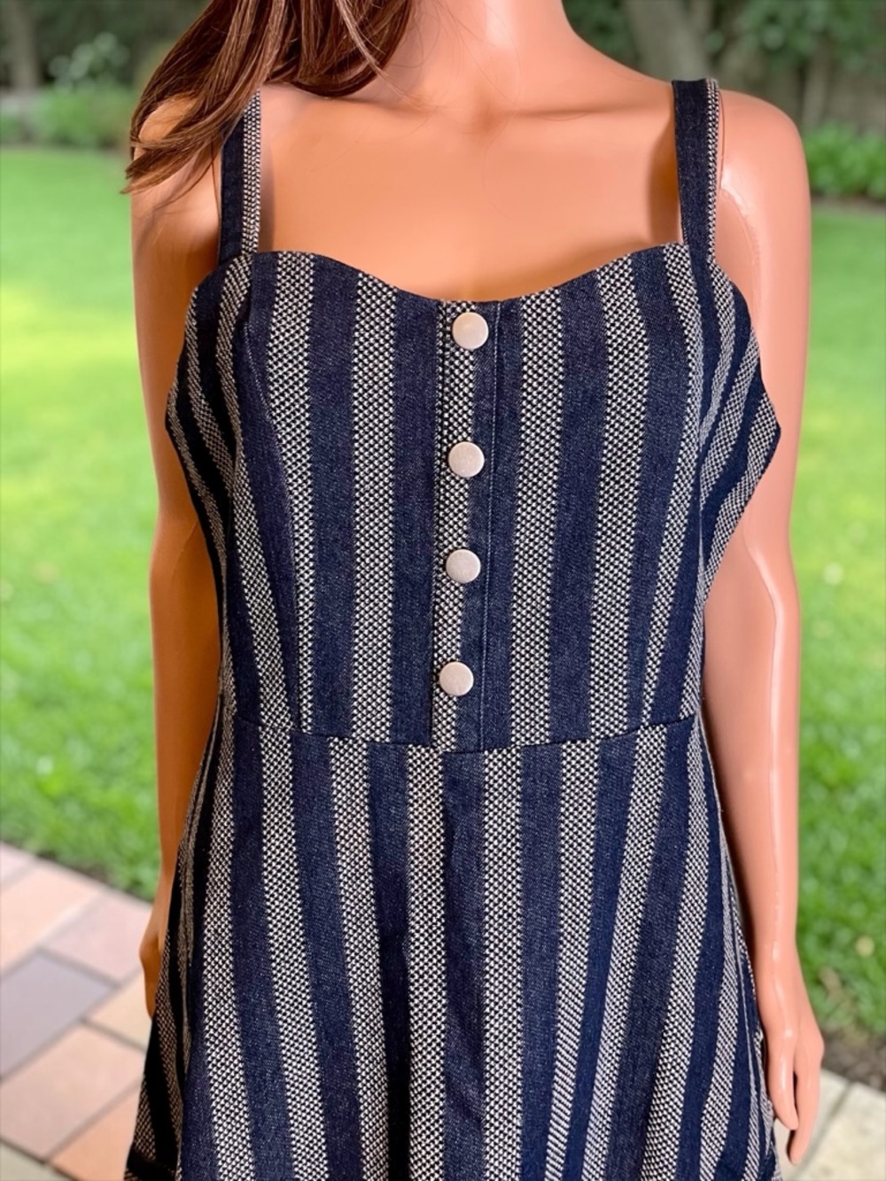 Umgee NWT Denim Stripe Mini Dress L Frayed Hem Boho Summer Adjustable Straps - Picture 3 of 9